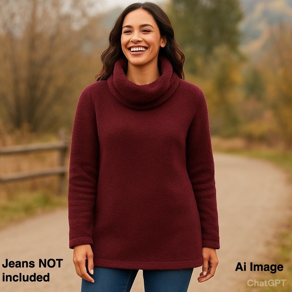 LL Bean Signature Sherpa Tunic Pullover Sweater Burgundy Cowl Neck‎ Oversized